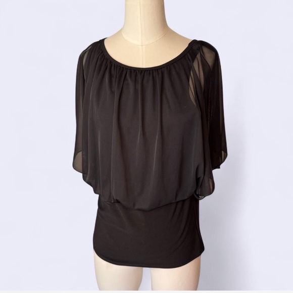 White House Black Market Tops - White House Black Market Black Relaxed Ruched Blouse with sheer flowey upper szM
